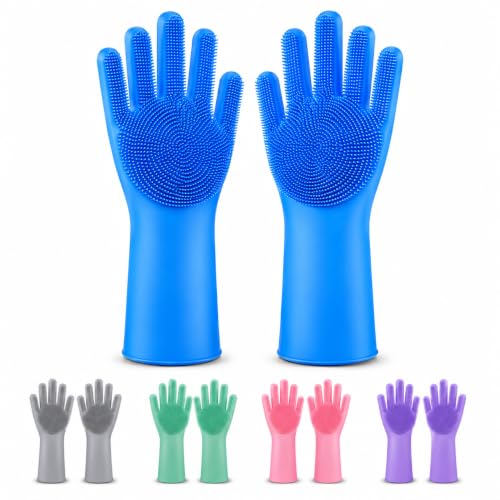 Image of Magic Silicone Dish Washing Gloves | Multicolour | Reusable Gloves with Built-In Scrubber | Kitchen Dishwashing, Bathroom Cleaning, Car Wash & Pet Grooming | 1 Pair