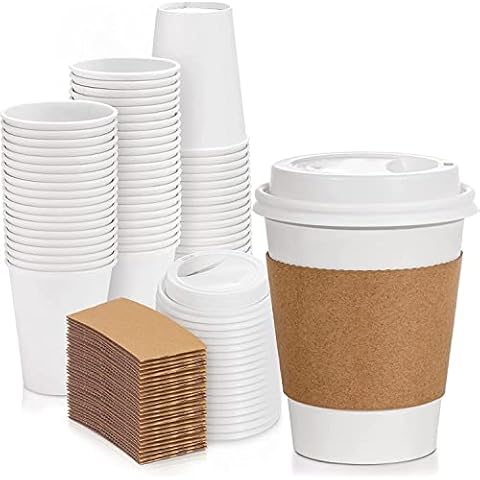 50 Disposable Paper Coffee Cups with Lids Cover