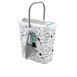 Pounce-Fetch-3-Gallon-Pet-Dry-Food-Container-with-Scooper-Cat-Food-Organizer-Helps-Organize-Pantry-and-Cabinets-Cats-Kitty-Print-Design-Carrying-Handle-Flip-Top-Lid Pet Dry Food Container with Scooper