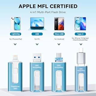 Chiavetta USB 256GB per iPhone, certificata MFi, con Lightning, Type A, Type-C e micro USB, compatibile con iPhone, iPad, Android e PC, USB 3.0 veloce, espansione di foto, documenti e video,Blu
