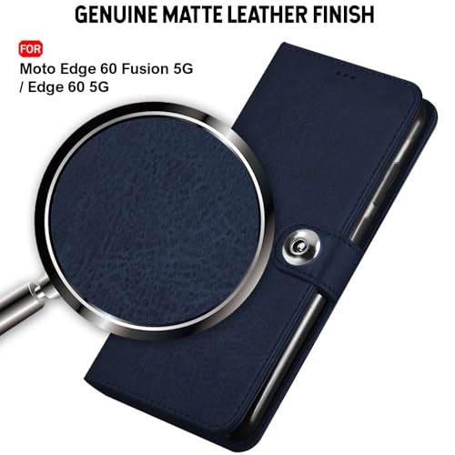 Image of TheGiftKart Flip Cover Back Case for Motorola Moto Edge 60 Fusion 5G / Moto Edge 60 5G | Genuine Leather Finish | Designer Button | Inbuilt Pockets & Stand | Flip Back Cover Case (Faux Leather, Blue)