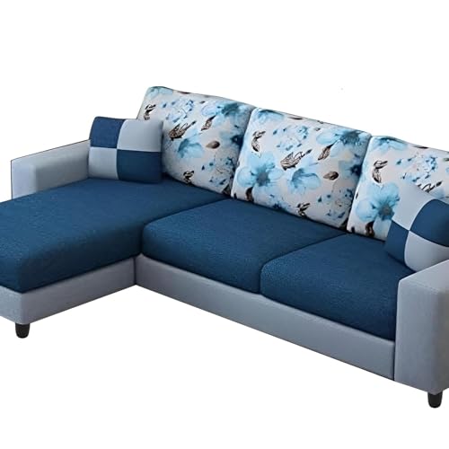 Image of Casaliving Rolando 4 Seater Left Hand Side L Shape Sofa Set for Living Room with 2 Puffy - (Blue Grey Colour Fabric) Premium Fabric Sofa Set for Living Room