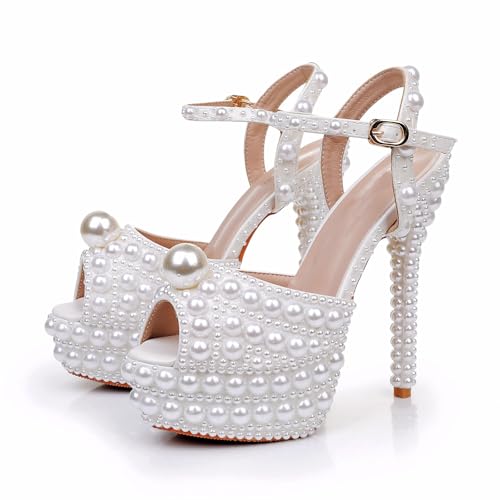 Women's Leather Pearl Fish Mouth Stiletto Heeled Sandals Adjustable Ankle Strap Fashion Round Peep Toe Platform Heeled Sandals for Wedding Party Dress Pump Shoes2