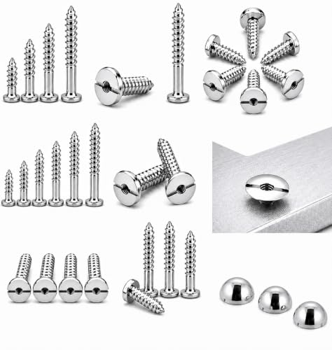 Image of Rely⇒VP INDUSTRIES (Pcs-25) No.8x50 mm Mirror Screw Self-Tapping with Button - 12mm Brass Nickel Round Dome Cap, Decorative Screw for Glass, Mirrors, Cabinets, Display Panels & Advertising Boards