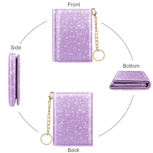Image of Trifold Small RFID Blocking Wallet Pocket Cute Short Slim Sparkling Credit Card Holder Leather Keychain Ladies Mini Purse with ID Window, Glitter Purple