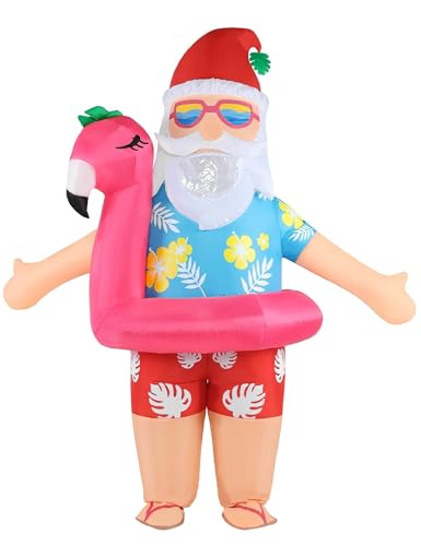 PAFIGA Christmas in July Inflatable Costume Adult Santa Blow Up Costumes Funny Flamingo Summer Hawaiian Blowup Outfit Xmas Holiday Party Cosplay Suit for Men Women Unisex Full Body