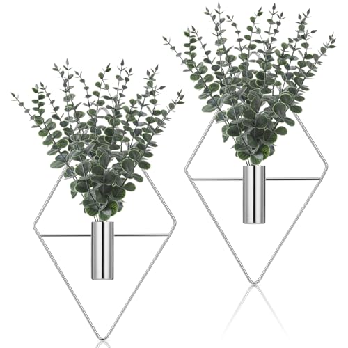 Image of Jexine Hanging Planters with Artificial Eucalyptus Metal Hanging Vase Indoor Plants Holder Modern Geometric Boho Bathroom Wall Decor for Living Room Home Office(Chrome Sliver,4 Pcs)