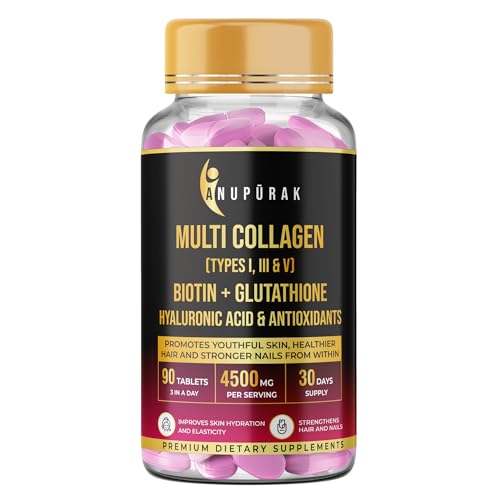 Image of Multi Collagen Complex Tablets - 3000mg . Types I, III & V | 18 Actives: Reduced Glutathione, Hyaluronic Acid, Astaxanthin & Biotin | Skin, Hair & Nail Daily Beauty Nutrition | 90 Tablets (30 Days)