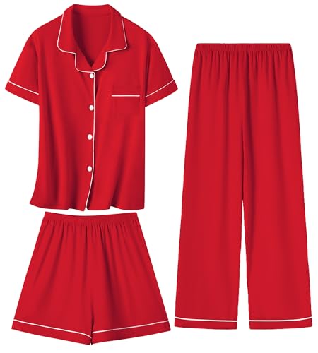 Umeyda Girls 3pcs Pajamas Set Short Sleeve Sleepwear Button Down Loungewear Pjs Nightwear Red 7-8 Years