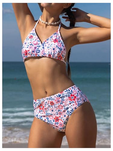 OYOANGLE Girl's 3 Piece Swimsuits Floral Print Halter Triangle Bikini Set with Cover Up Cute Swimwear2