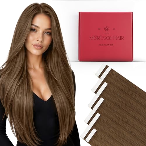 Image of Moresoo Chestnut Brown Invisible Tape Ins Extensions 22in 10Pcs 25g | Tape extensions human hair, flat tabs, long layered strands for braids, wedding guest looks and formal event styling