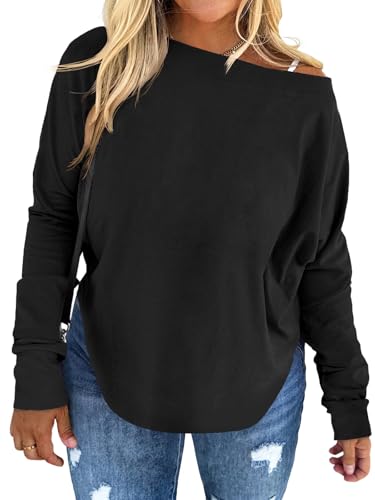 UNCLECAT Womens Plus Size Tops Off The Shoulder Long Sleeve T Shirts Casual Curve Hem Tunics Tops Black