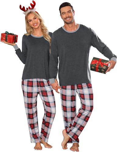 LecGee Matching Christmas Pajamas for Couples Long Sleeve Family Sleepwear Women Men Buffalo Plaid Pjs Pant with Pockets