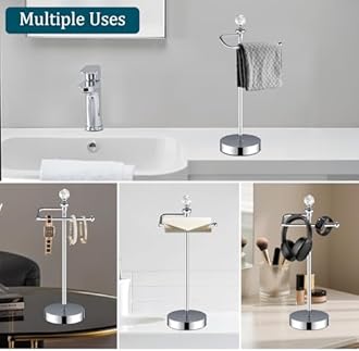 Bath Hand Towel Holder Standing, Stainless Steel Stable Free-Standing Towel Bar for Bathroom Kitchen Countertop, Rustic Towel Ring Stand with Crystal Ball 15.7” H (Polished Chrome, 2 Pack)