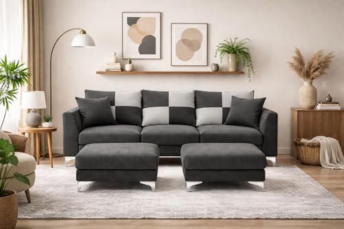 Image of Romeo 5 Seater L Shape Sofa Set with 2 Movable Ottomans | Flexible Layout | Rich Velvet Suede Fabric | Silver Legs | Modern Sofa for Living Room (Dark Grey)
