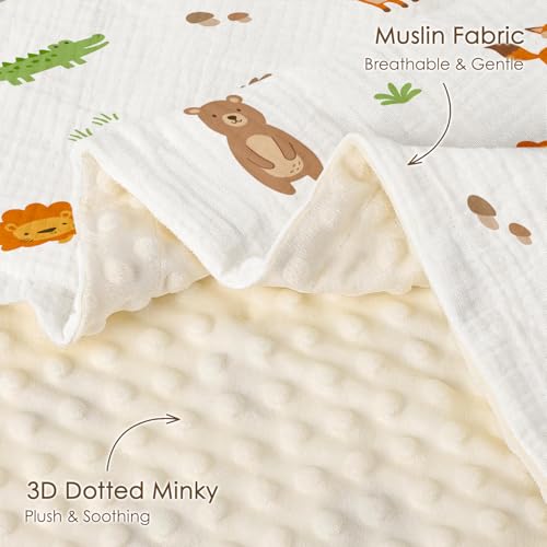 Image of Animal Baby Blankets for Boys Girls, Soft Nursery Minky Blankets with Muslin and Dotted Fleece Back 30x40 inches, Receiving Bed Quilt for Newborn, Infants, Toddlers