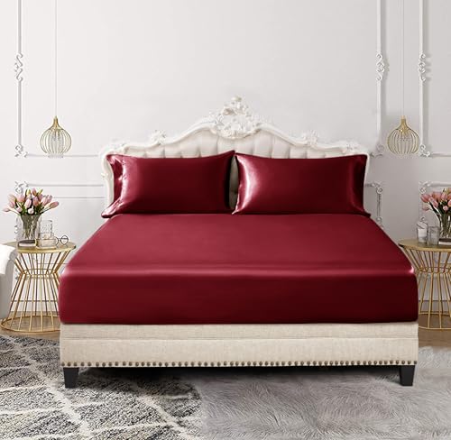 Image of SiinvdaBZX 3-Piece Set Satin Full Fitted Sheet & 2 Pillowcase, Burgundy Silky Soft Fitted Bottom Sheet, Wrinkle Free, Fade Resistant, Deep Pocket Bed Sheet (Deep Up to 15 inch)