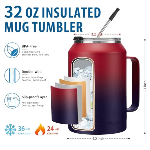 Image of Stainless-Steel Coffee Cup 32 oz Mug Tumbler - with Handle, Straws & Protective Boot, Keep Cold 36hrs & Hot 24hrs, Insulated Tumbler Water Cup, Leak-proof Big Travel Mugs Thermal Flask Water Bottle