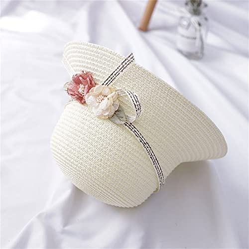 Little Girls Flower Straw Hat Cute Woven Sunblock Hat with Woven Shoulder Bag Packable Summer Wide Brim Beach Cap4