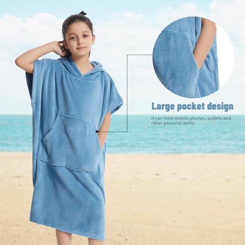 Surf Poncho for Kids Changing Towel,Coral Fleece Swimming Poncho Changing Robe with Pocket and Hood for 5-12 Years4