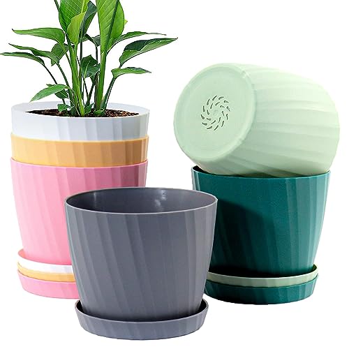 UOUZ 7'' Plant Pots Bulk, 6 Pack Plastic Planters with Drainage Holes and Saucers for Indoor Outdoor House Plants and Flowers, Colorful