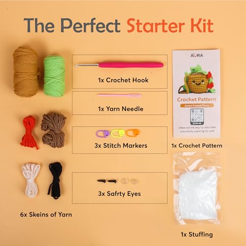 Image of A-URA Learn to Crochet Kit for Beginners Kids and Adults, Premium Pattern Sunflower Beginner Crochet Kits with Easy Tube Yarn & Step-by-Step Video Tutorials (Hanging Pot Plant)