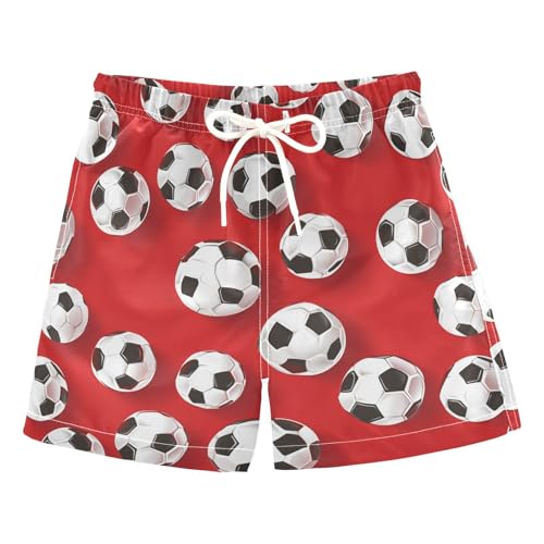 Boys Quick Dry Swim Trunks with Pockets Football Sport Ball Red Beach Shorts for Kids, Toddler Swimsuit Boy