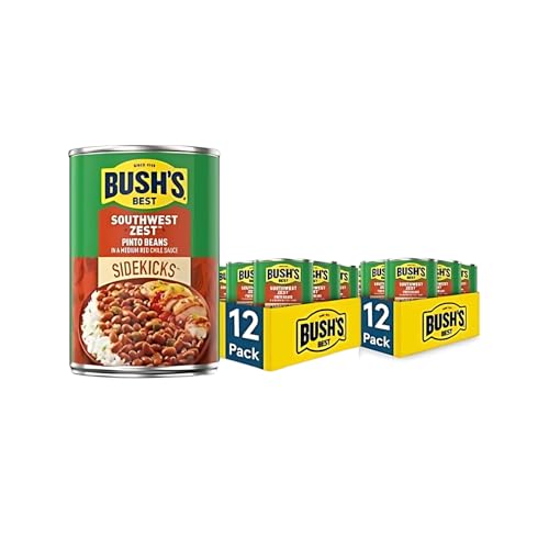 Bush’s Best Sidekicks Southwest Zest Pinto Beans, Ready to Heat Seasoned Pinto Beans for Rice Bowls, Tacos and Easy Meals, Medium Red Chile Sauce, 15 Ounce (Pack of 24)