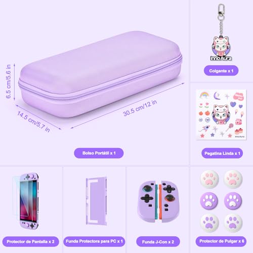 innoAura 14 en 1 Funda switch 2 para NS Switch 2 (2025), Switch 2 Case con funda de transporte, funda protectora, fundas para pulgares, protector de pantalla, colgante y pegatina, Morado - imagen 2