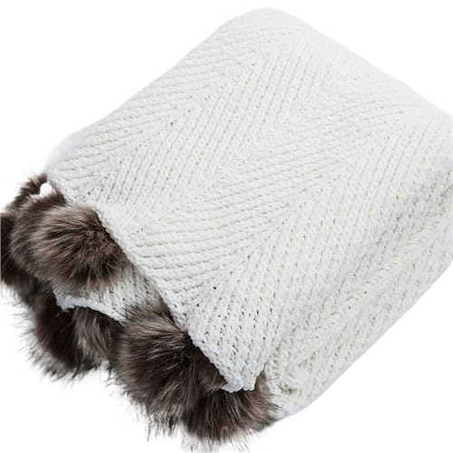 Coperta Lavorata A Maglia Coperte in ciniglia lavorate a maglia grossa, graziosi pompon, decorative for la casa, calde, appesantite, comode, for divano letto, coperte lavorate a maglia Per I Divani(Wh