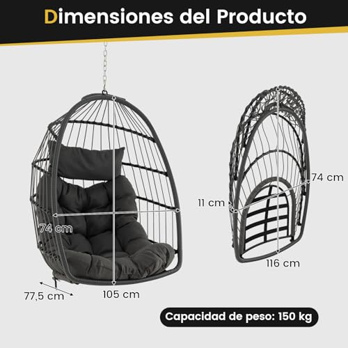 Silla colgante tipo huevo con cojín columpio plegable de exterior e interior para 150kg 7