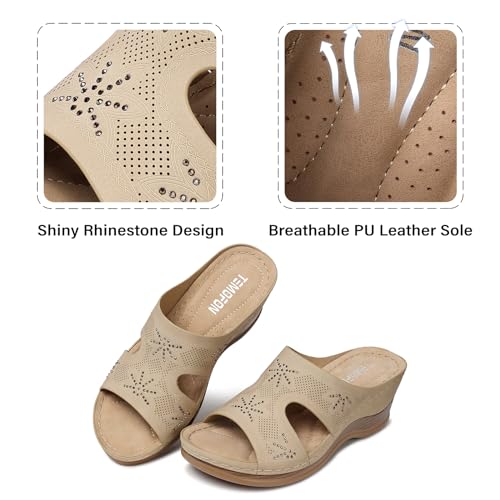 Image of TEMOFON Women Wedge Sandals Dressy: Comfortable Lightweight Summer Shoes | Low Wedge Heel - Fit Wide Feet - Comfy Stylish Slip on Sandals Size 5-11