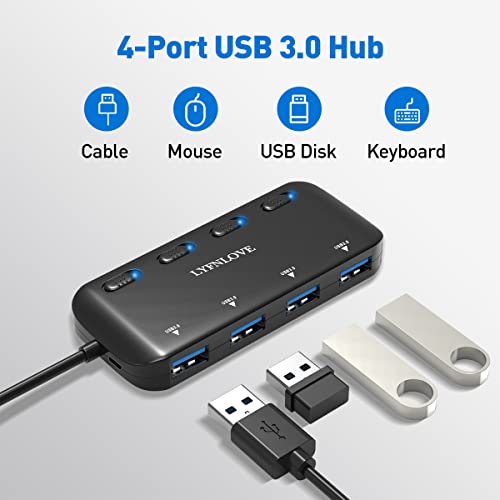4-Port USB Hub 3.0 with USB C Adapter?LYFNLOVE USB Extender with Individual Power Switch, Ultra Slim USB Splitter for Laptop, MacBook Pro/Air/Mini, iMac, PC, Surface Pro, PS4, PS5, Xbox