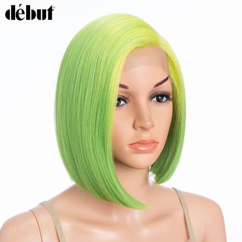 Début Lace Front Wigs for Black Women Bob Wigs for White Women Synthetic Hair 9.5" 120g Green Straight Swiss Lace Heat Resistant Fibers Half Hand Tied (9.5 Inches - Image 4