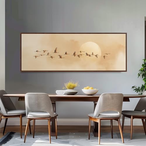 Tableau vintage sépia grue panoramique toile oiseau soleil 30x90cm