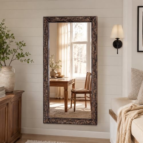 Image of Wooden Bathroom Wall Mirror,Solid Wood Frame -48x24x1.25 Burnt Brown