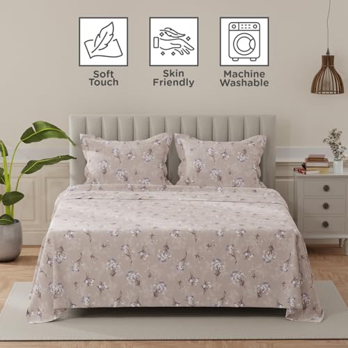 Image of Layers 100% Cotton Bedsheet for King Size Bed | Lumina Floret Collection | 144 TC Soft & Breathable | Printed with 2 Pillow Covers | Wrinkle Free & Colorfast | 3 Piece Bedding Set - Purple