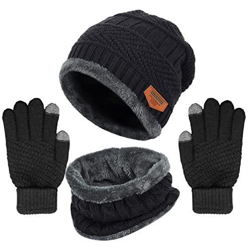 Winter Knit Beanie Hat Neck Warmer Gloves Set, Fleece Lined Skull Cap Scarves Touch Screen Mittens for Men Women Boys