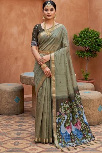 Image of SGF11 Women's Soft Cotton Linen Silk Saree With Unstitched Blouse Piece