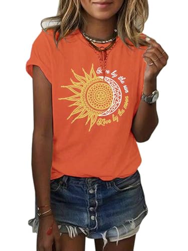 Image of Cicy Bell Women's Sun and Moon Printed T-Shirts Summer Crew Neck Short Sleeve Tops Vintage Basic Shirts, orange, XL