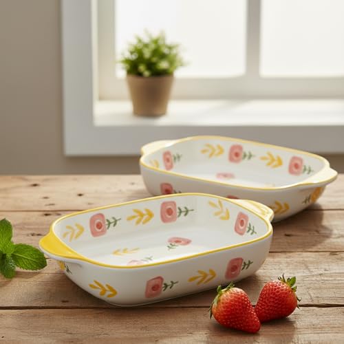 Image of Ceramics Rectangular Baking Dishes with Handle for Oven Ceramic Baking Pan Lasagna Casserole Pan Individual Bakeware (Yellow, Pack Of 2)