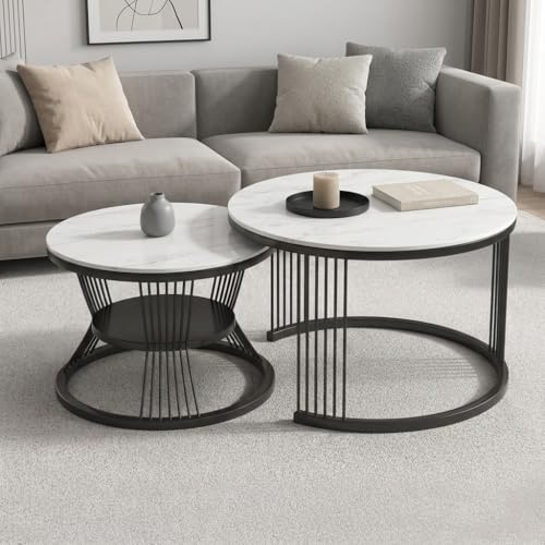 Image of Nesting Coffee Table, 20 inch Round Coffee Table Set of 2, Wooden Nesting Table with Metal Frame, Center Tables for Living Room Bedroom Balcony Bedside Table Blak White