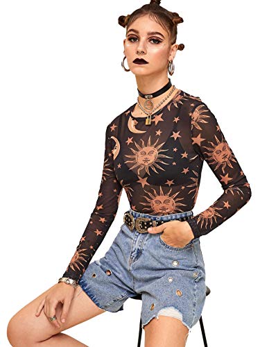 SweatyRocks Women's Long Sleeve Mock Neck Butterfly Print S exy Sheer Mesh Crop Top # Black S