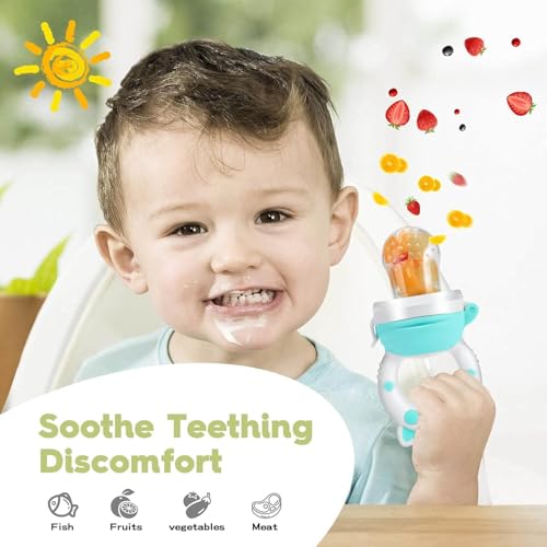 Baby Fruit Food Feeder Pacifier - Fresh Teething Pacifiers, Infant Fruit Teething Teether Toy for 3-24 Months, 6 Pcs Silicone Pouches for Toddlers & Kids & Babies, Piggy Handle 2-Pack (Blue)