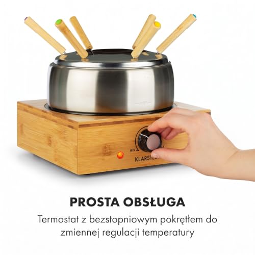 Foto von Klarstein Bambus Fondue, 800 Watt, Edelstahl-Topf, Gerätebasis aus Bambus, Füllmenge 1,3 Liter max., Heizplatte aus Edelstahl, Thermostat, Gabelhalter-Aufsatz, 6