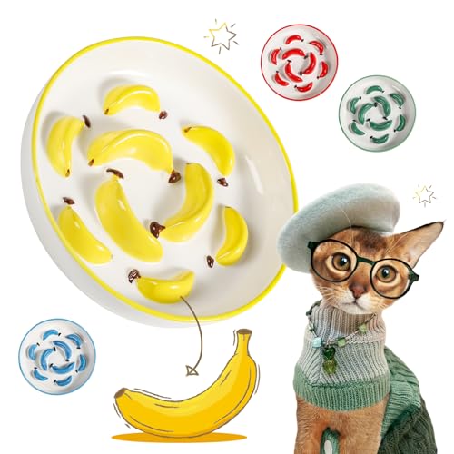 Ciotola Anti Ingozzamento per Gatti in Ceramica - Con Labirinto Interno per un’Alimentazione Lenta - Lavabile in Lavastoviglie e Adatta al Microonde - Colore Giallo - 16 x 3 cm