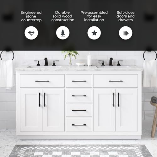 Image of OVE Decors Athea 60 in. Double Sink Freestanding White Bathroom Vanity with White Engineered Marble Top, Matching Backsplash, Power Bar and Matte Black Hardware
