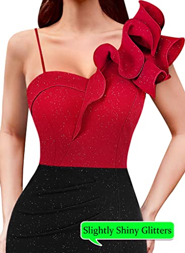 Image of VFSHOW Womens Ruffle One Shoulder Strap Ruched Formal Prom Wedding Maxi Dress V Neck Elegant Split Cocktail Evening Long Gown