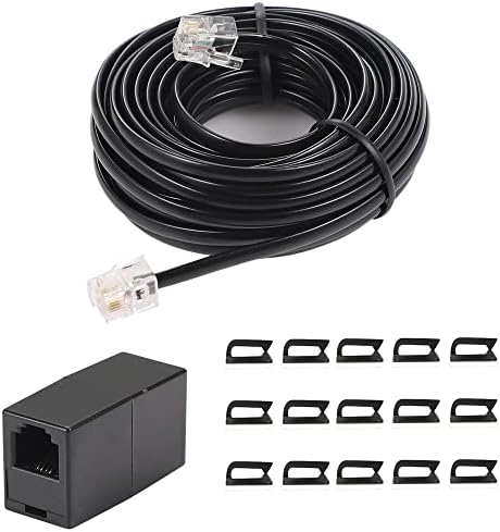 20Feet Long Telephone Extension Cord Phone Cable Line Wire, with Standard RJ11 Plug and 1 in-Line Couplers and 10 Cable Clip Holders-Black (20 Feet)