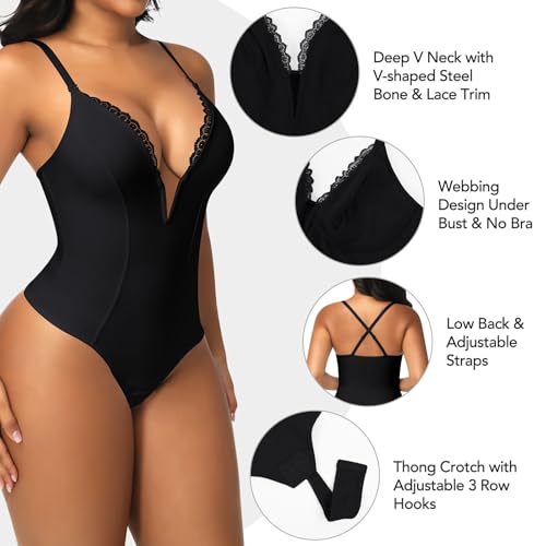 SHAPERIN Women's Lace Trimmed Deep V Neck Bodysuit Plunge Tummy Control Shapewear Thong Body Suits Cami Tank Corset Tops3